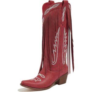 ⚡ Women Red Faux Leather Fringe Knee High Cowgirl Chunky Heel Pull On Boots
